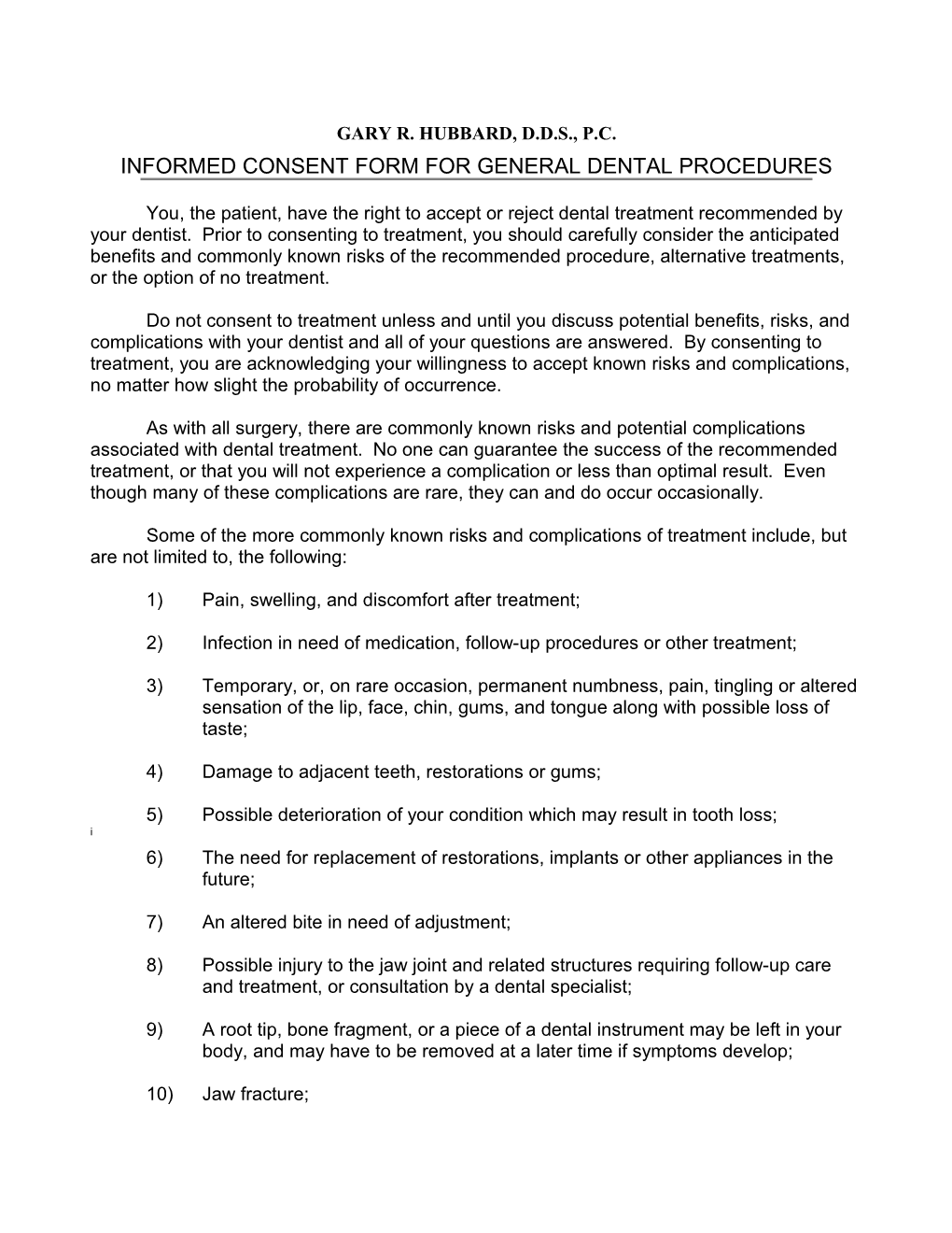 Informed Consent Form for General Dental Procedures
