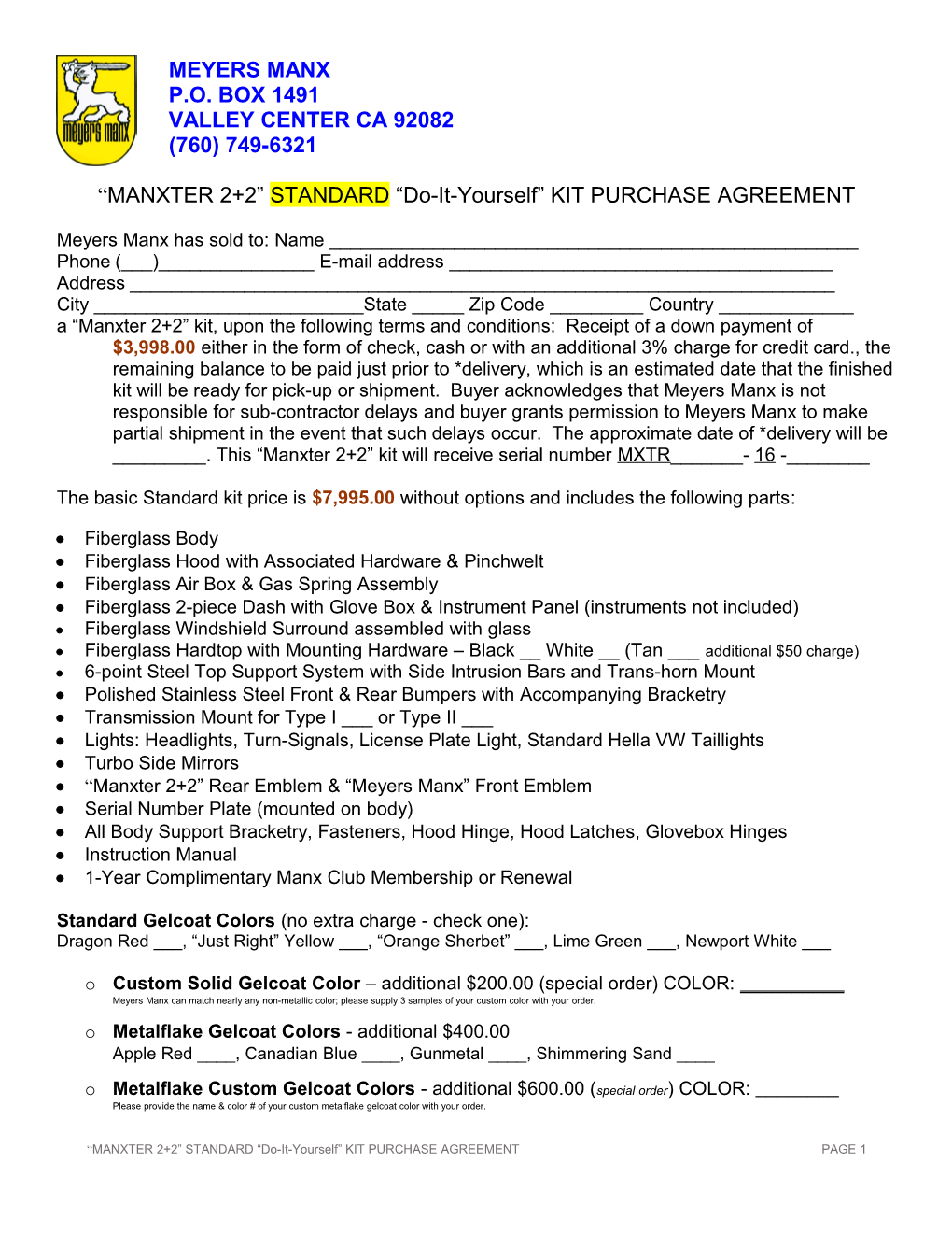 MANXTER 2+2 STANDARD Do-It-Yourself KIT PURCHASE AGREEMENT