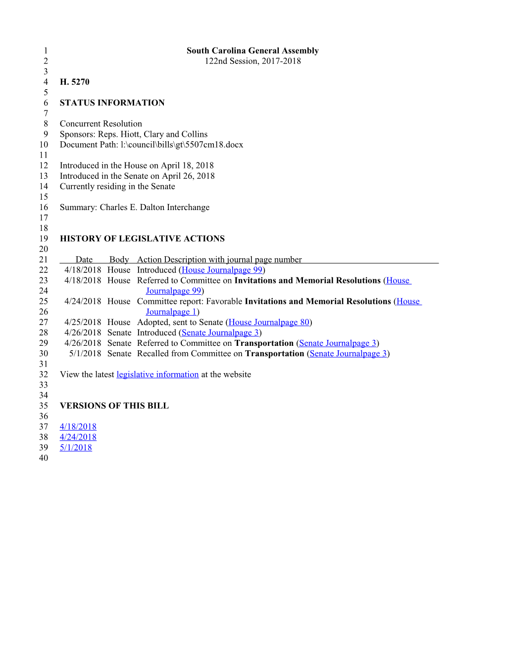 2017-2018 Bill 5270: Charles E. Dalton Interchange - South Carolina Legislature Online