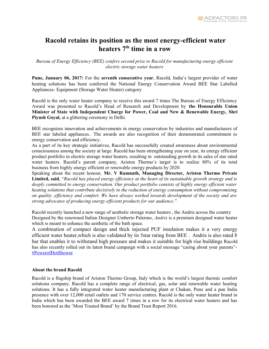 Racold Retains Its Position As the Most Energy-Efficient Water Heaters 7Th Time in a Row