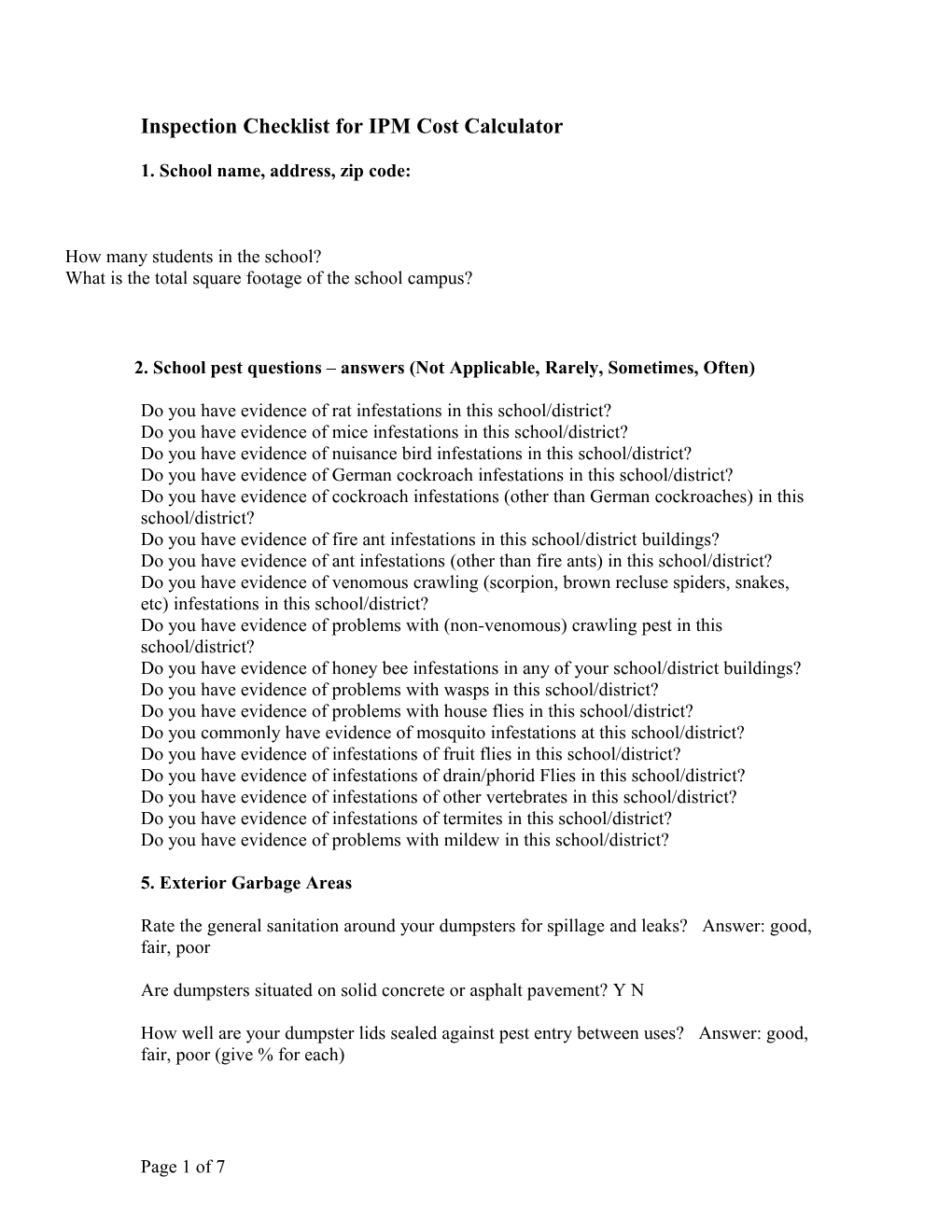 SCHOOL IPM 2015 Inspection Checklist for Demonstration Projects