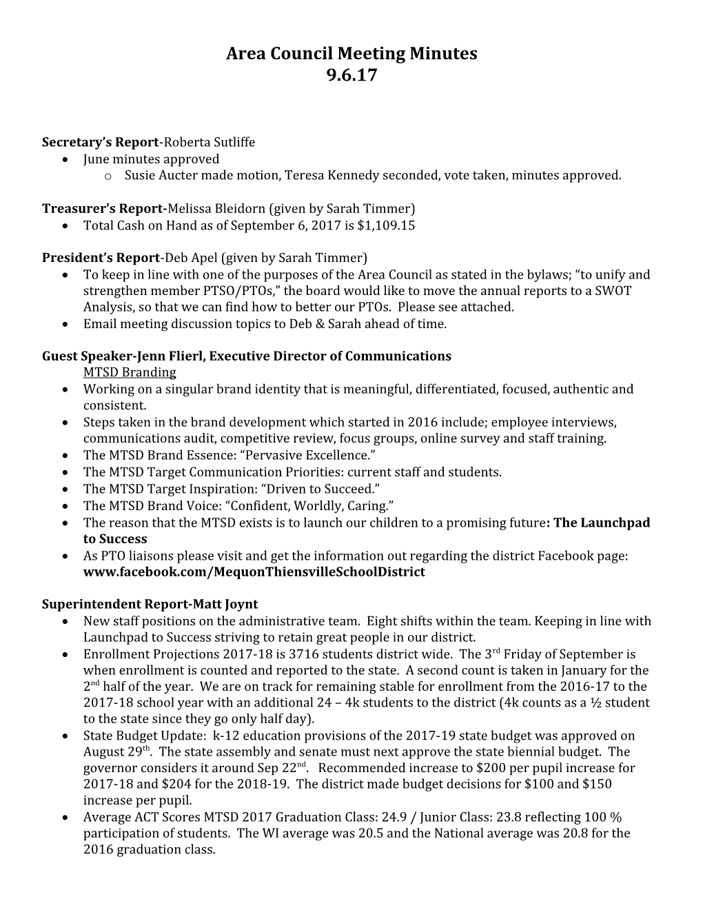 Area Council Meeting Minutes