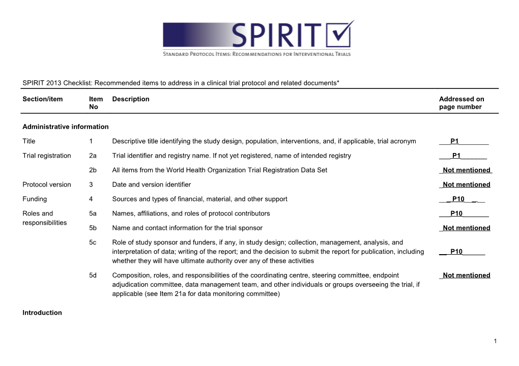 Table 1 SPIRIT 2013 Checklist: Recommended Items to Address in a Clinical Trial Protocol s5