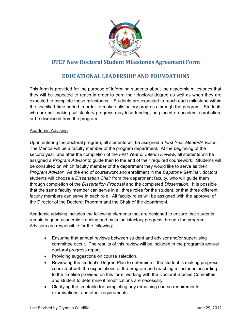 UTEP New Doctoral Student Milestones Agreement Form