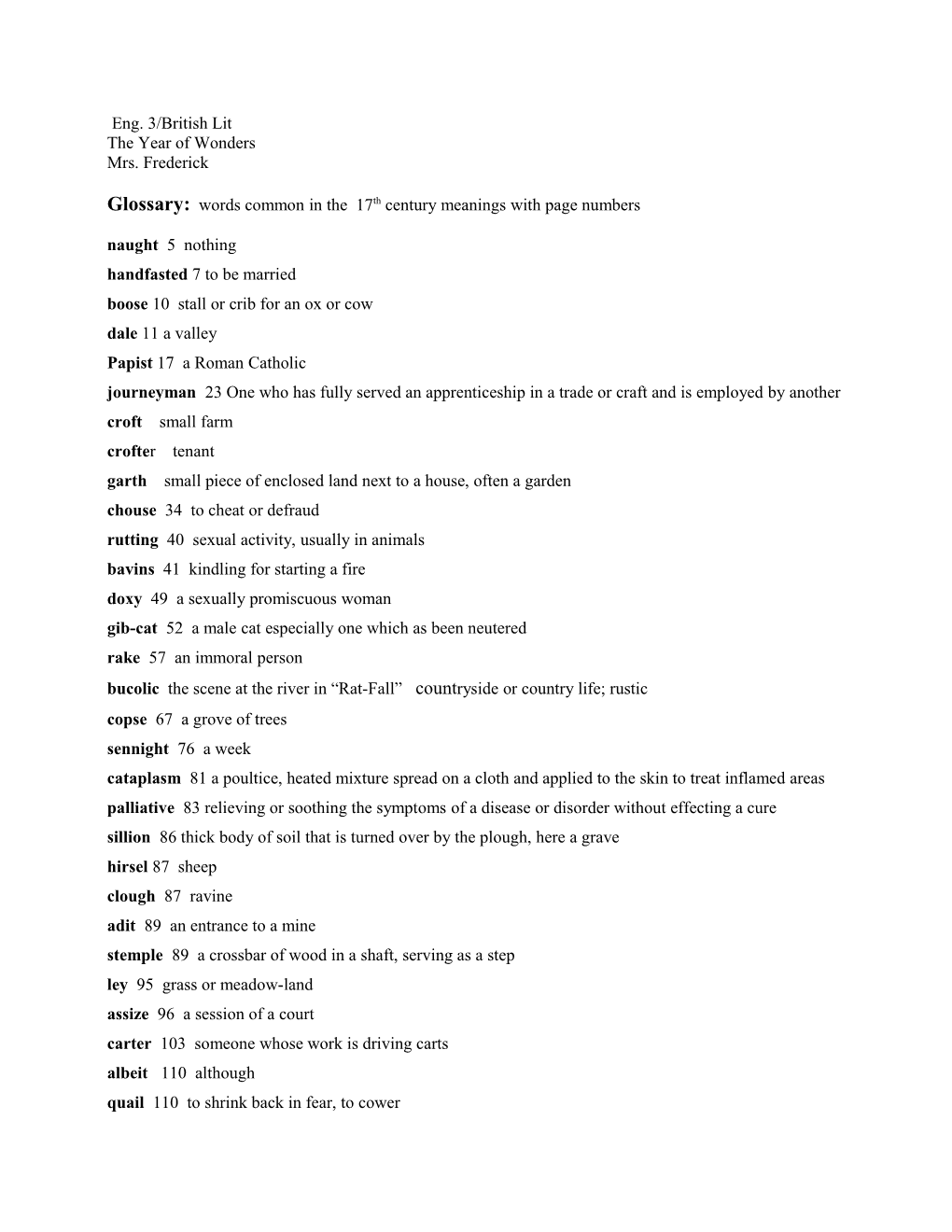 Glossary: Words Common in the 17Th Century Meanings with Page Numbers