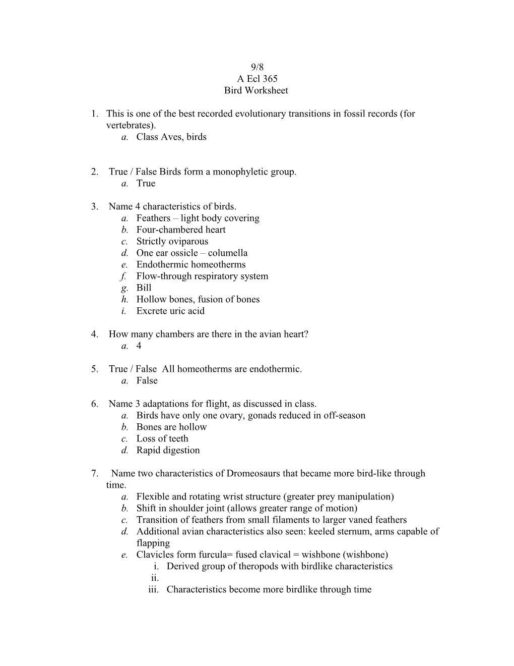 Bird Worksheet