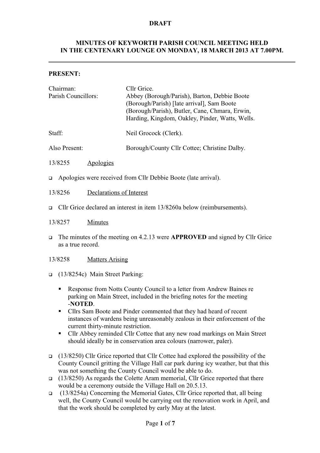 Minutes of Keyworth Parish Council Meeting Held in The
