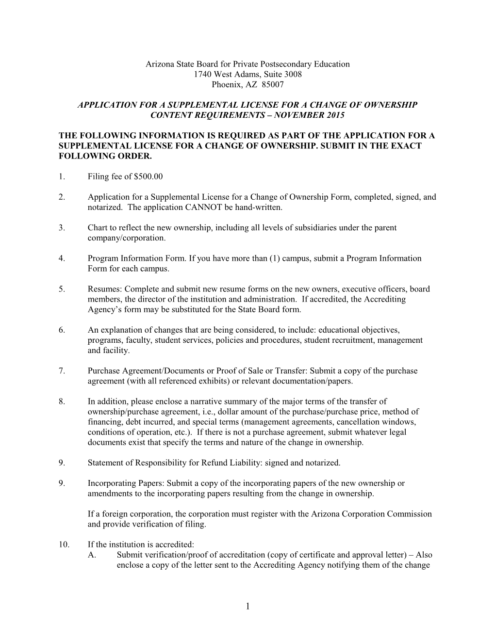 Arizona State Board for Private Postsecondary Education, 1400 West Washington, Room 260