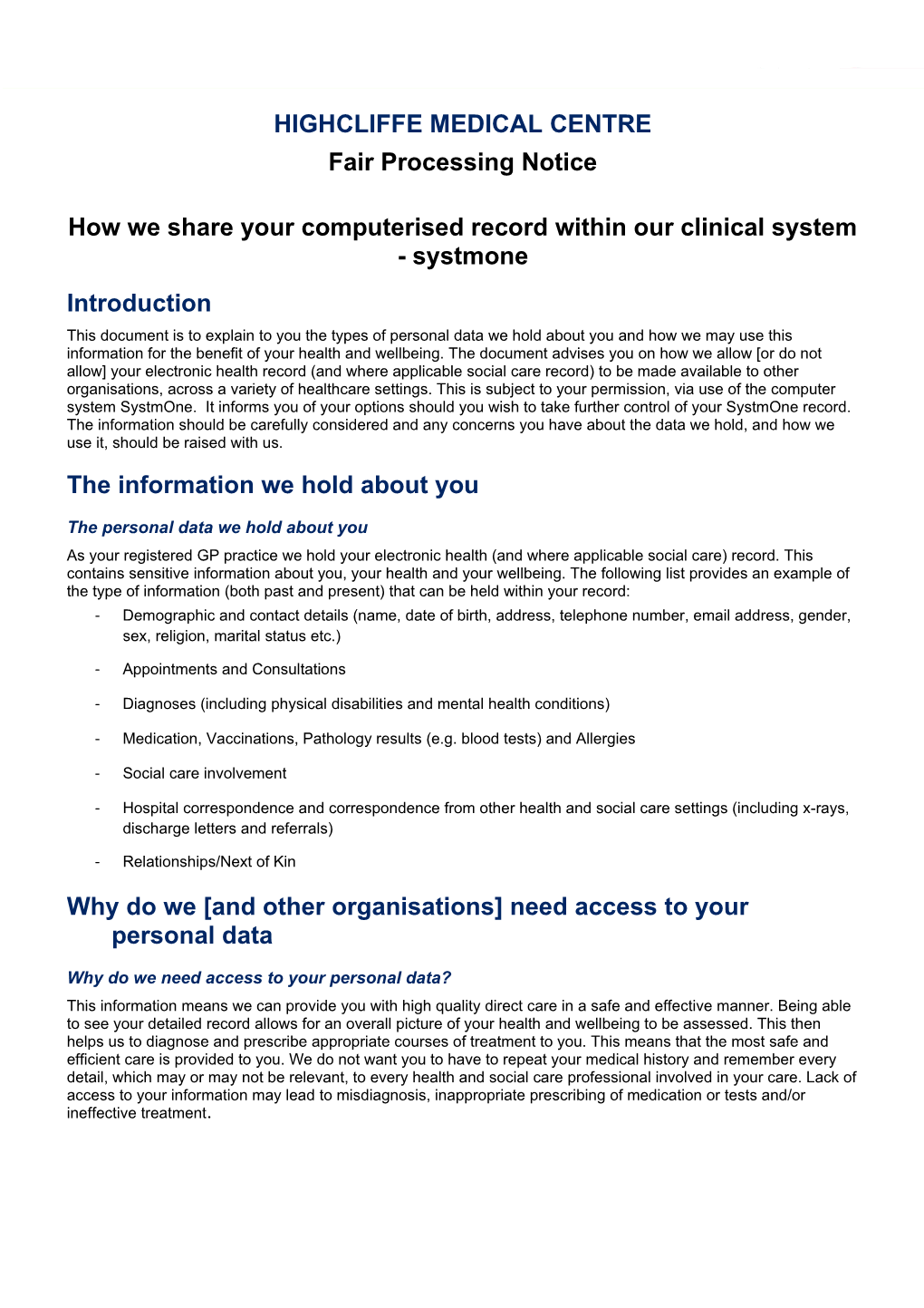 How We Share Your Computerised Record Within Our Clinical System - Systmone