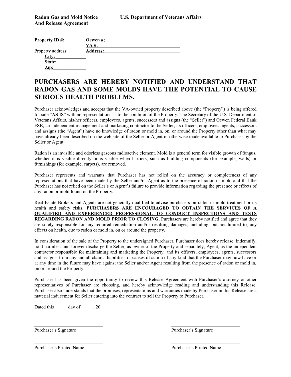 Radon Gas and Mold Notice and Release Agreement