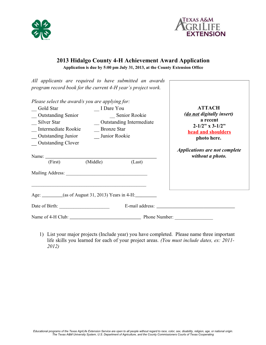 2013Hidalgo County 4-H Achievement Award Application