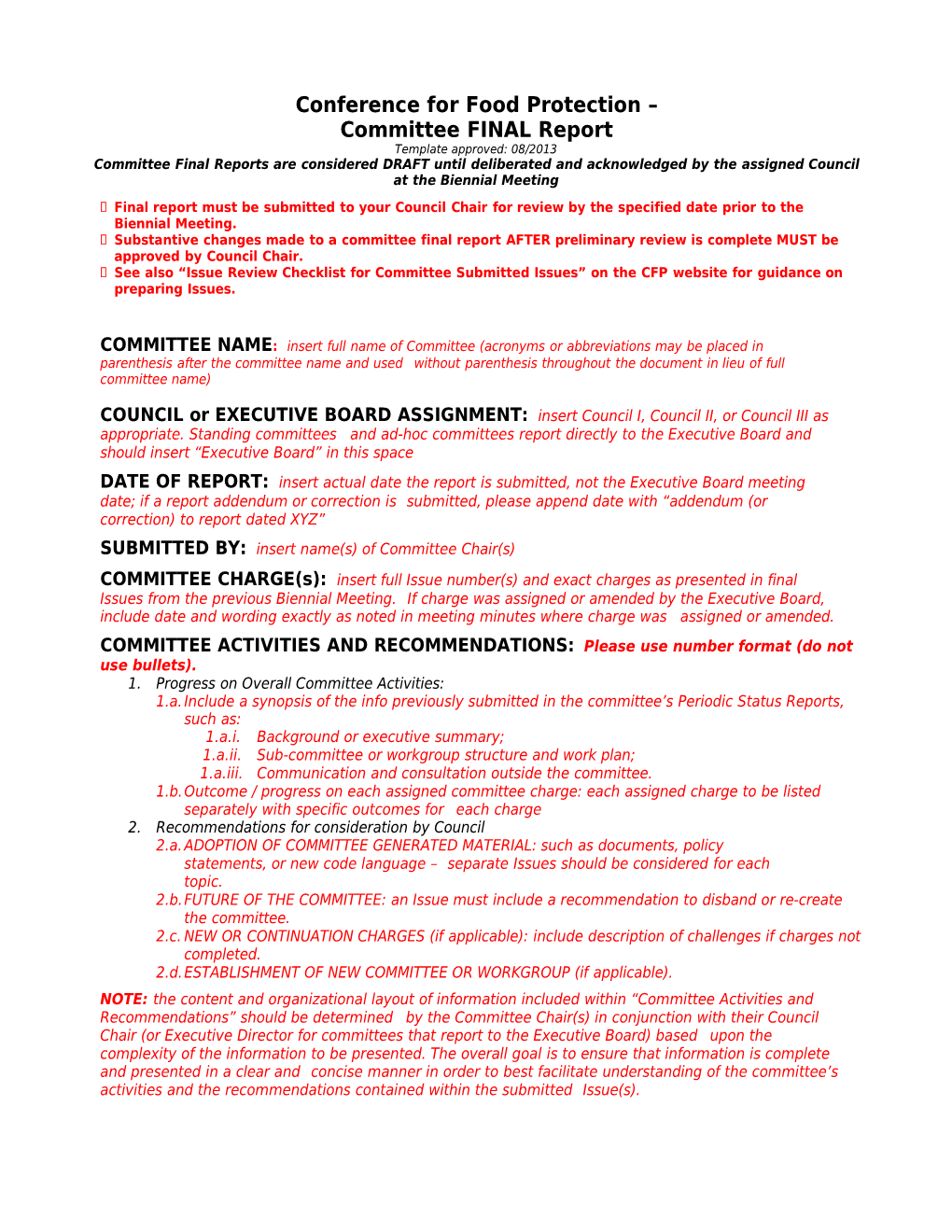 Committee FINAL Report & Instructions