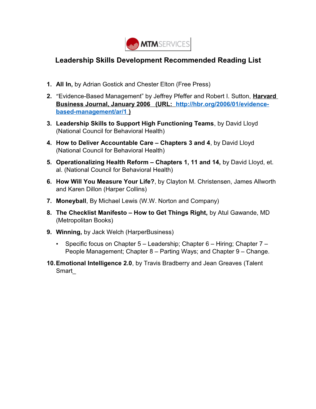 Leadership Skills Development Recommended Reading List