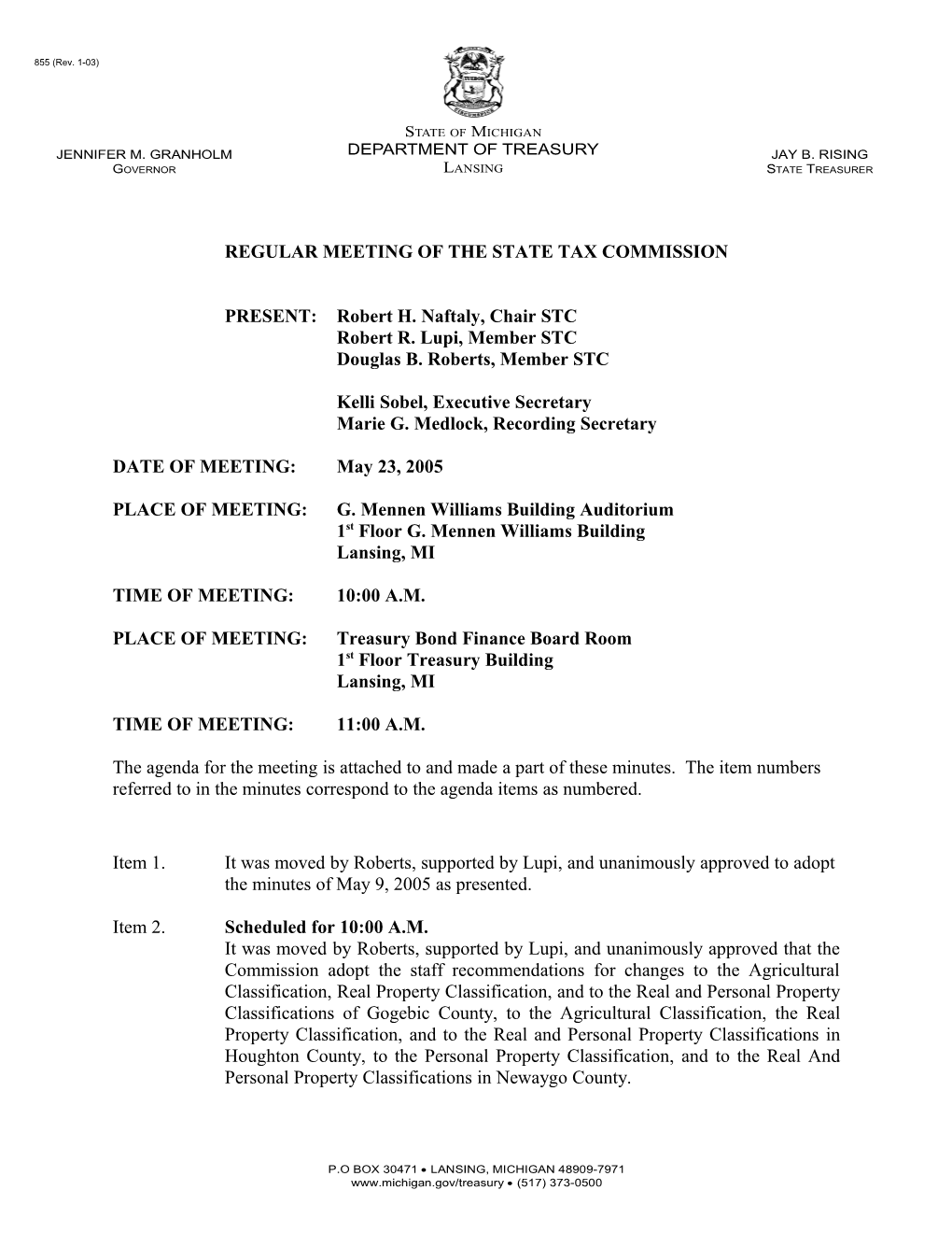 Minutes of the Regular Meeting of the State Tax Commission