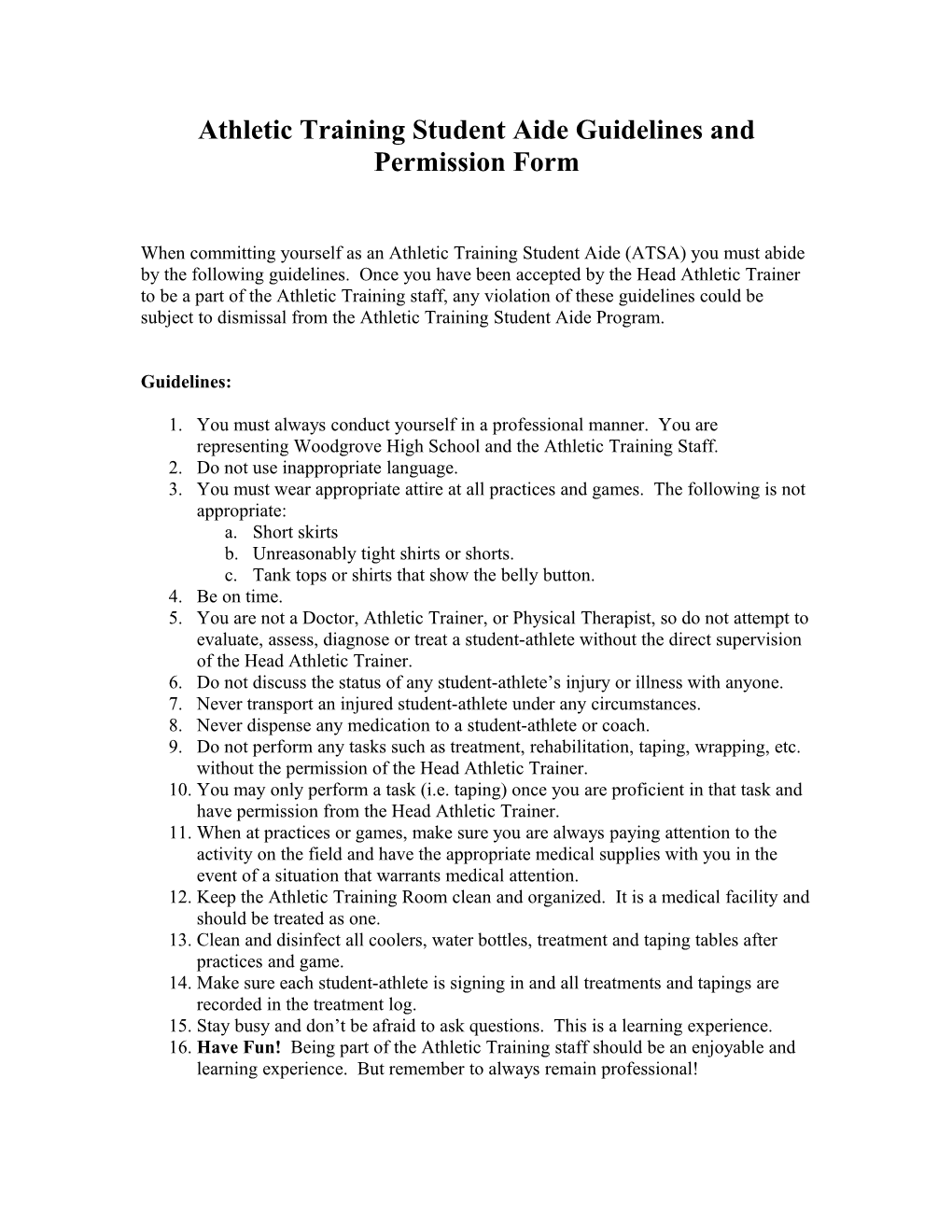 Athletic Training Student Aide Guidelines and Permission Form