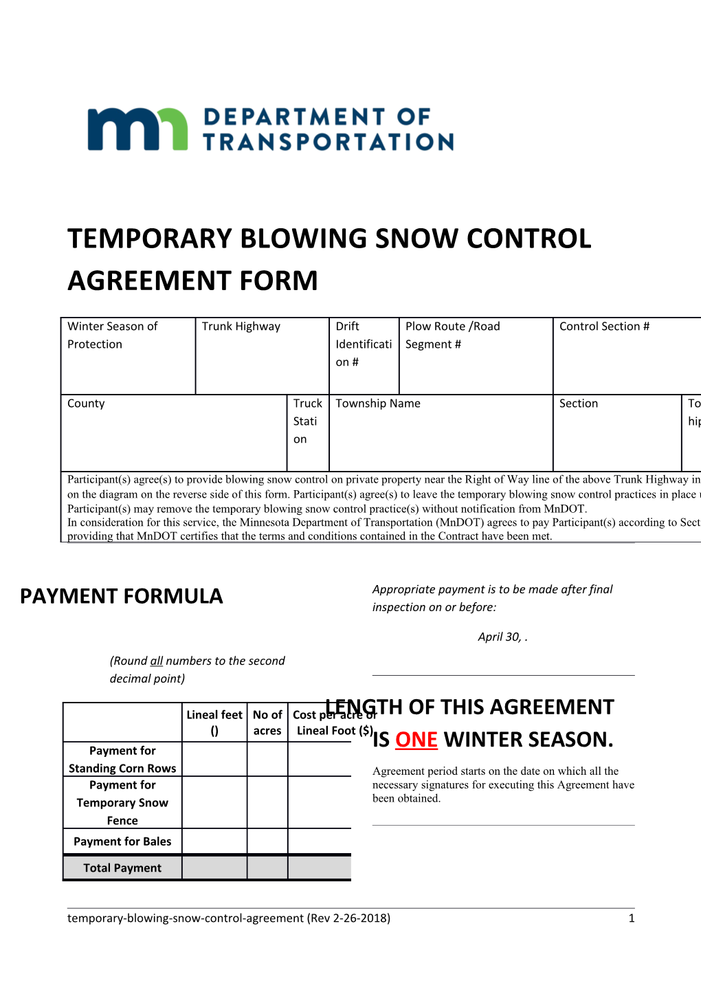 Temporary Blowing Snow Control Agreement Form
