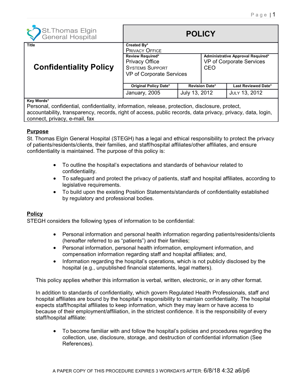 To Outline the Hospital S Expectations and Standards of Behaviour Related to Confidentiality