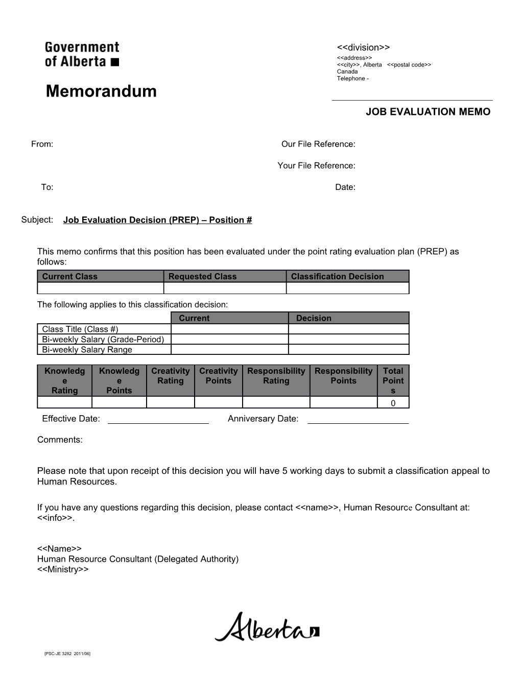 Job Evaluation Notification (PREP) Memo