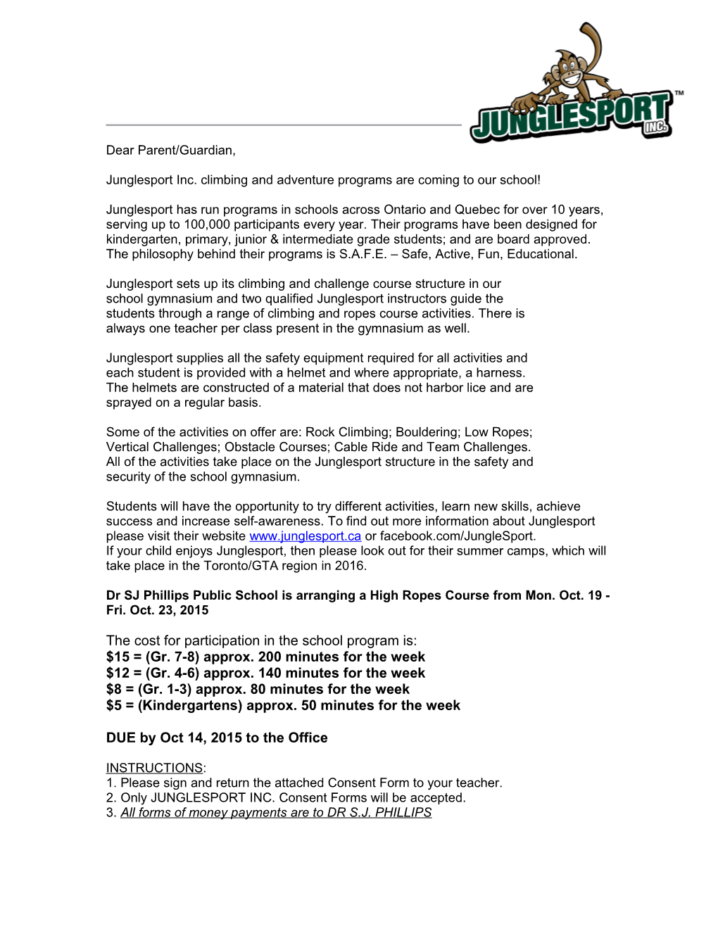 Junglesport Inc. Climbing and Adventure Programs Are Coming to Our School!