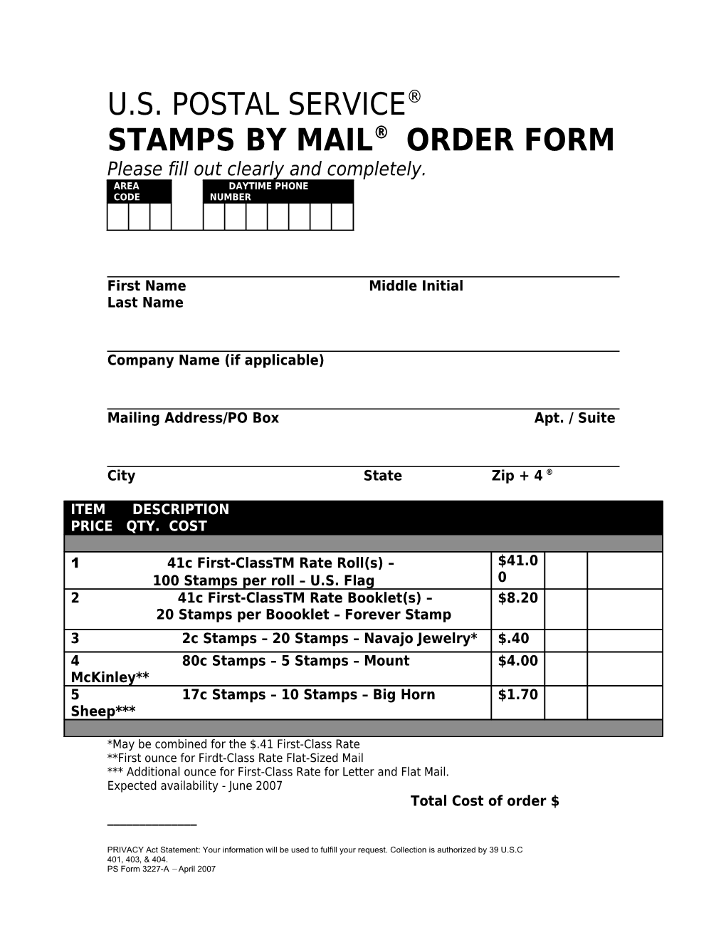 Stamps by Mail Order Form