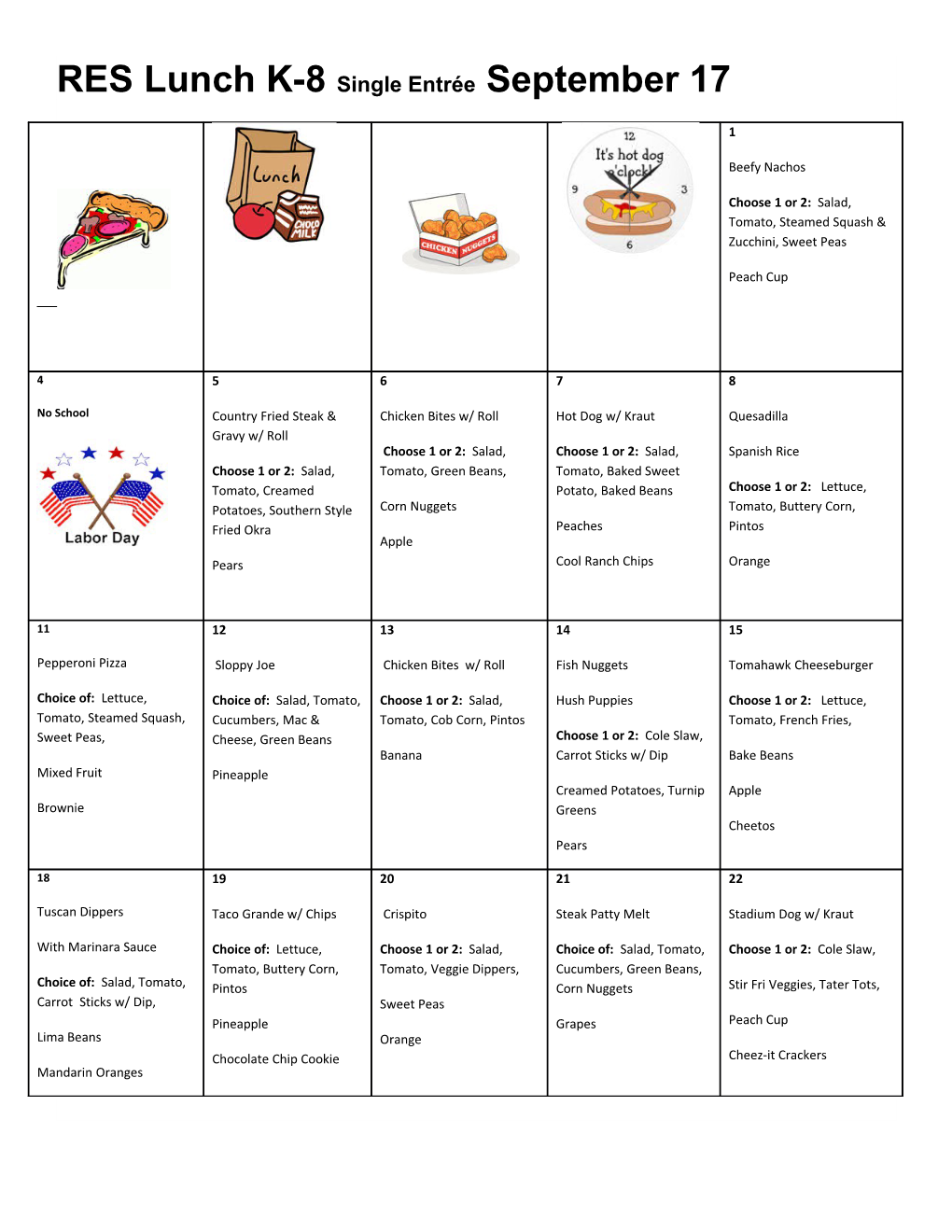 RES Lunch K-8 Single Entrée September 17