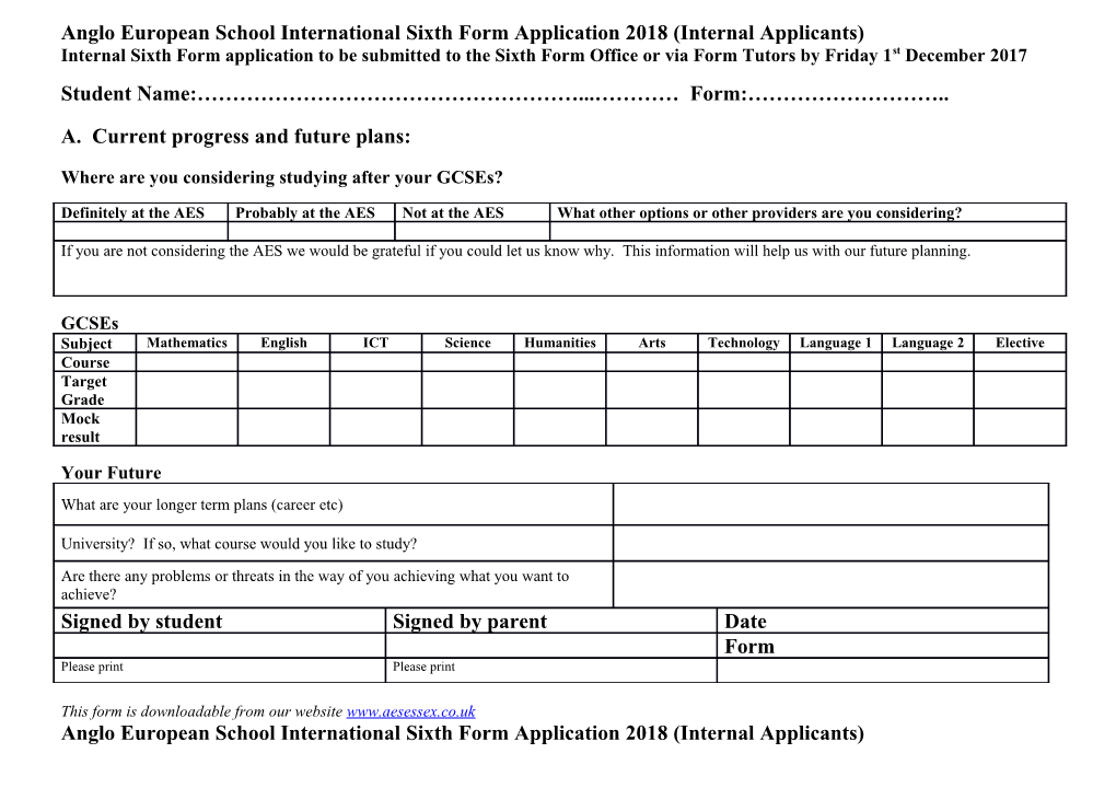 Anglo European School International Sixth Form Application 2018 (Internal Applicants)