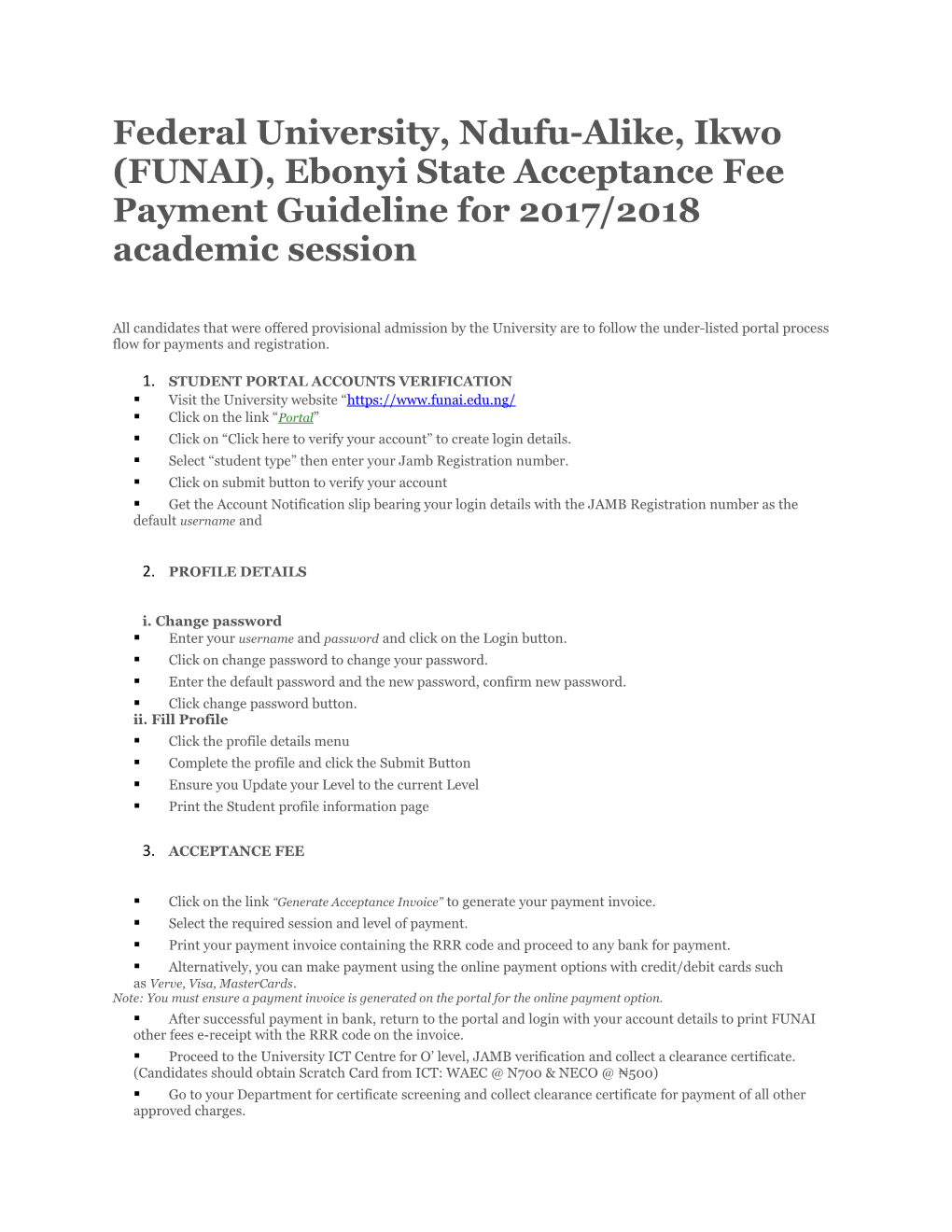 Federal University, Ndufu-Alike, Ikwo (FUNAI), Ebonyi State Acceptance Fee Payment Guideline