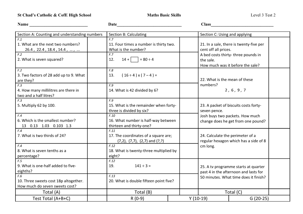 St Chad S Catholic & Cofe High Schoolmaths Basic Skills Level 3 Test 2