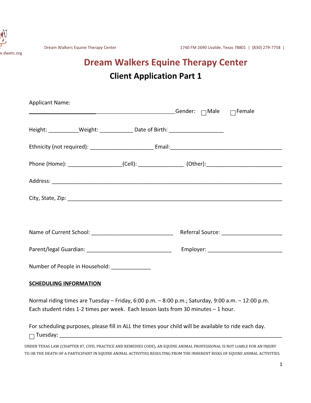 Dream Walkers Equine Therapy Center 1740 FM 2690 Uvalde, Texas 78801 (830) 279-7758