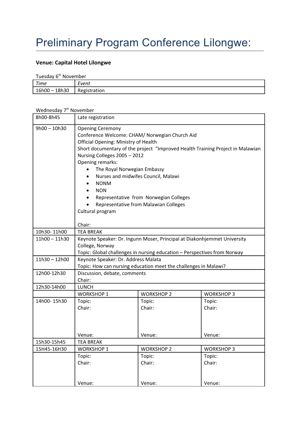 Preliminary Program Conference Lilongwe