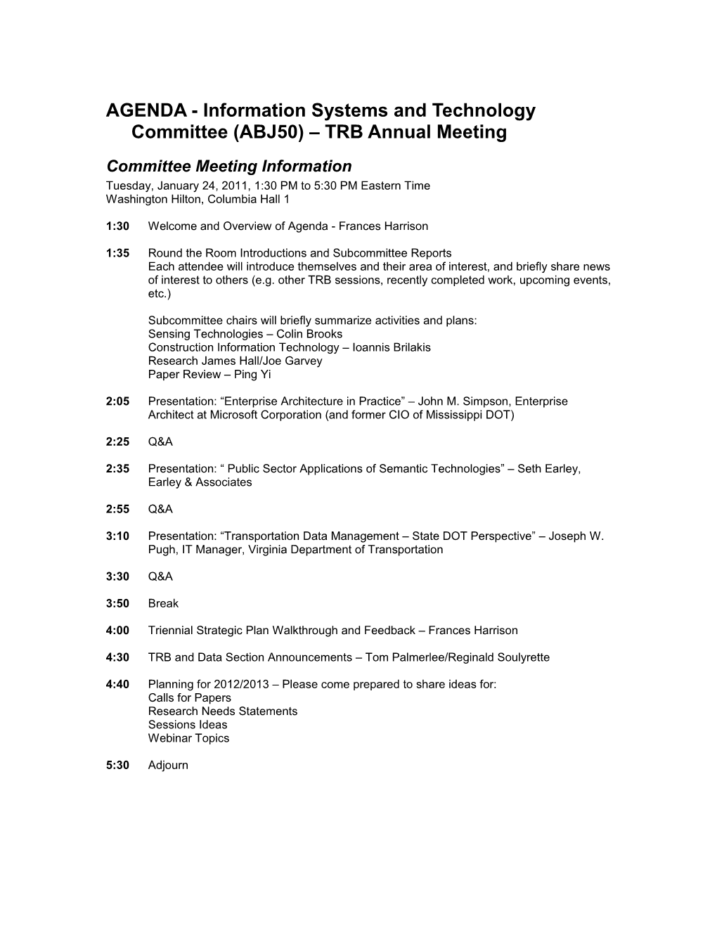 AGENDA - Information Systems and Technology Committee (ABJ50) TRB Annual Meeting