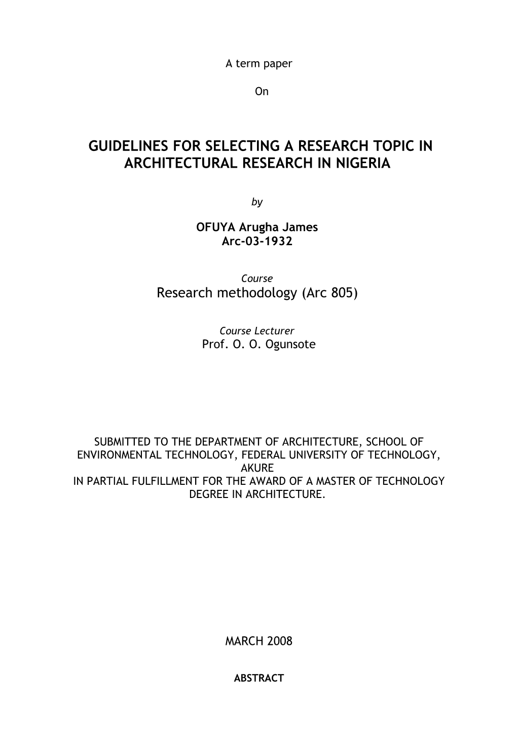 Guidelines for Selecting a Research Topic in Architectural Research in Nigeria