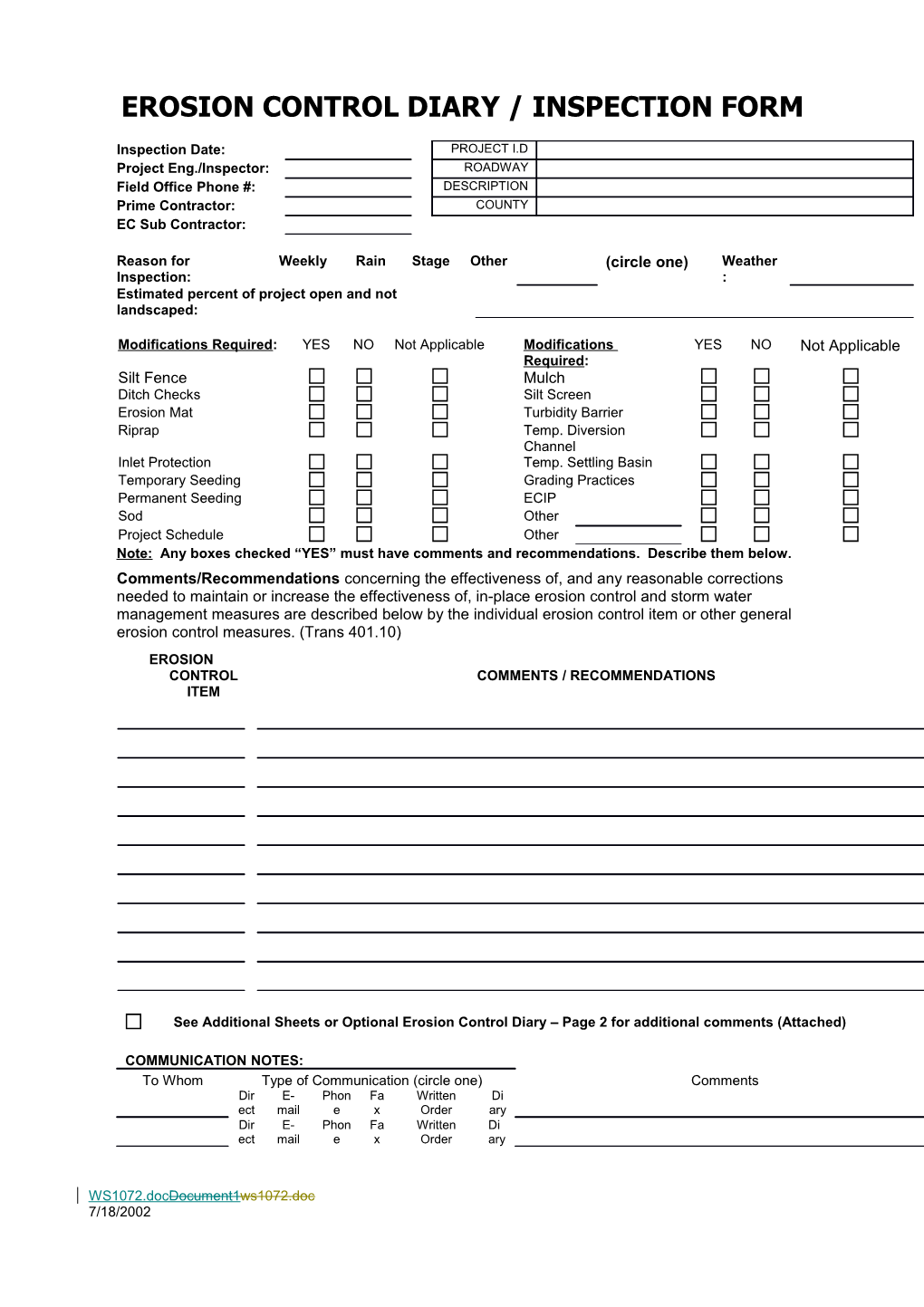 WS1072 Erosion Control Diary/Inspection Form