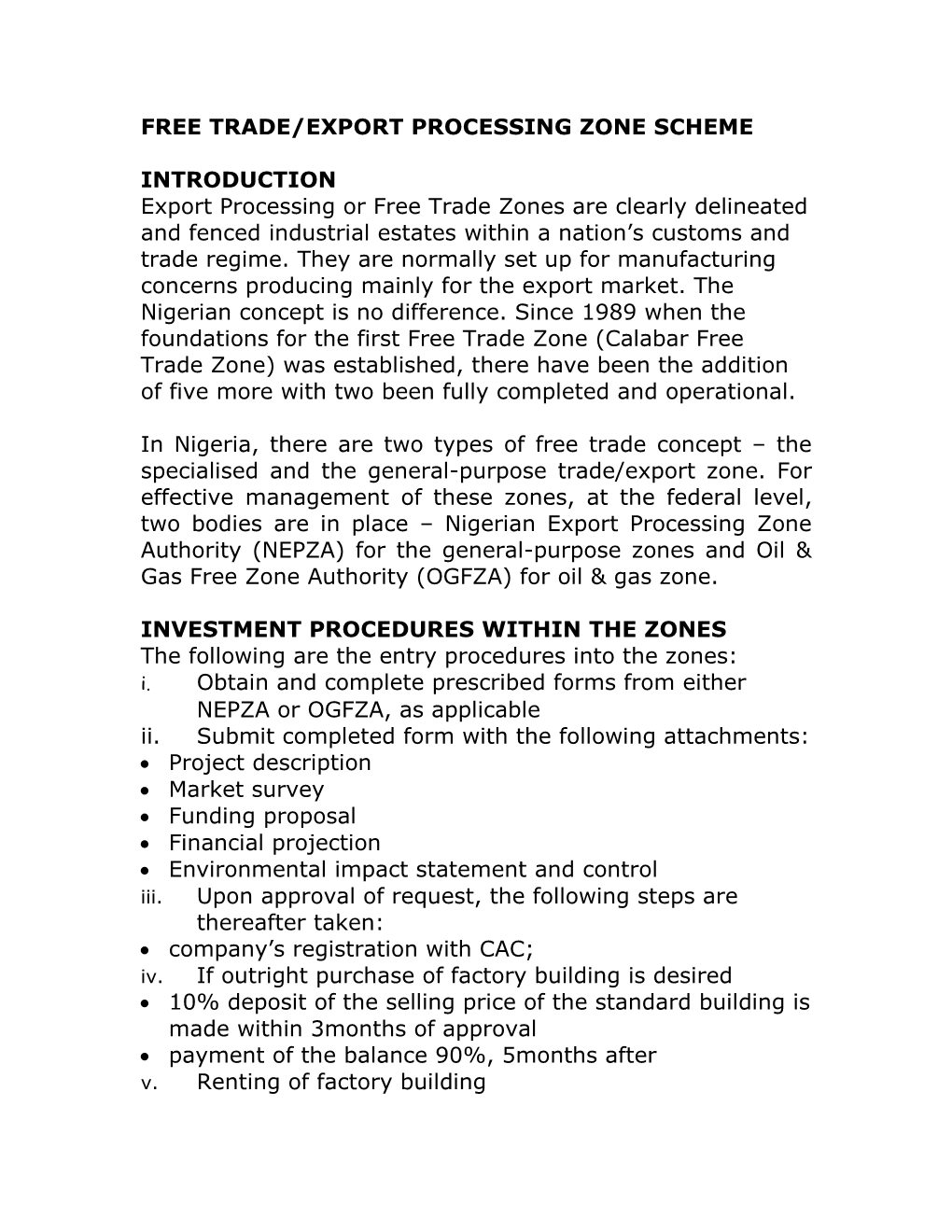 Free Trade/Export Processing Zone Scheme