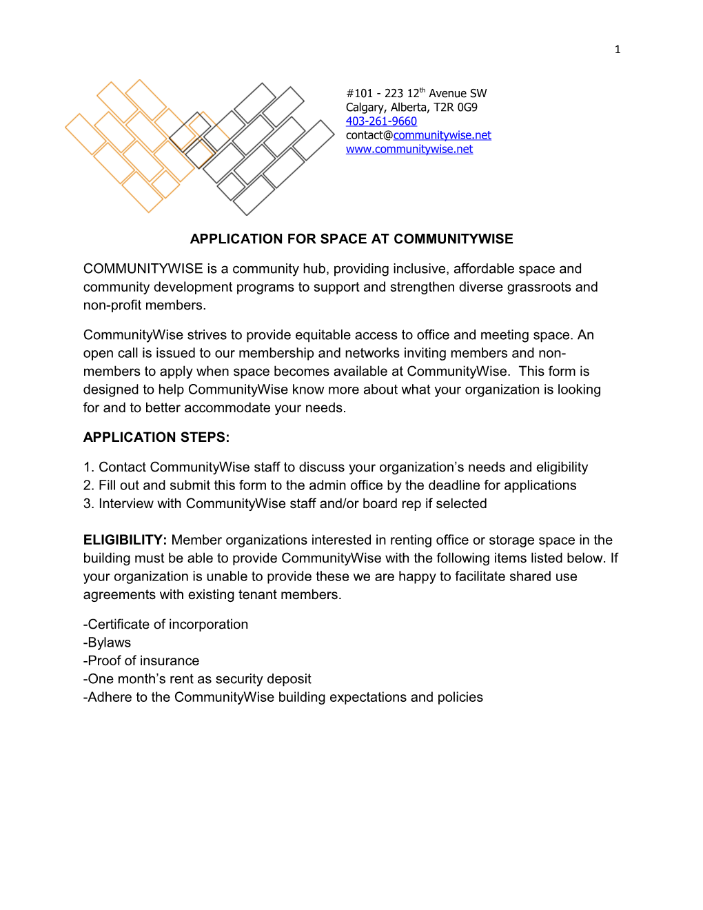 Application for Space at Communitywise