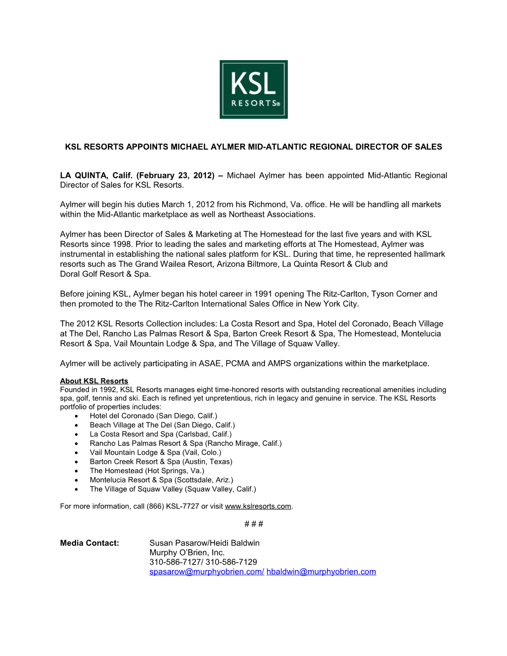 Ksl Resorts Appoints Michael Aylmer Mid-Atlantic Regional Director of Sales