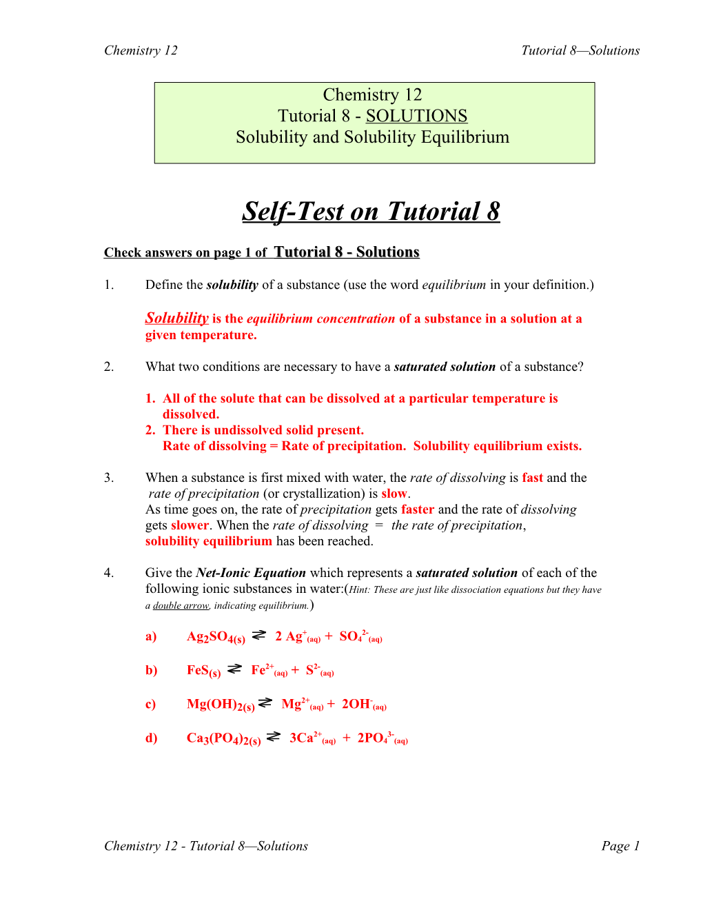 Solubility and Solubility Equilibrium
