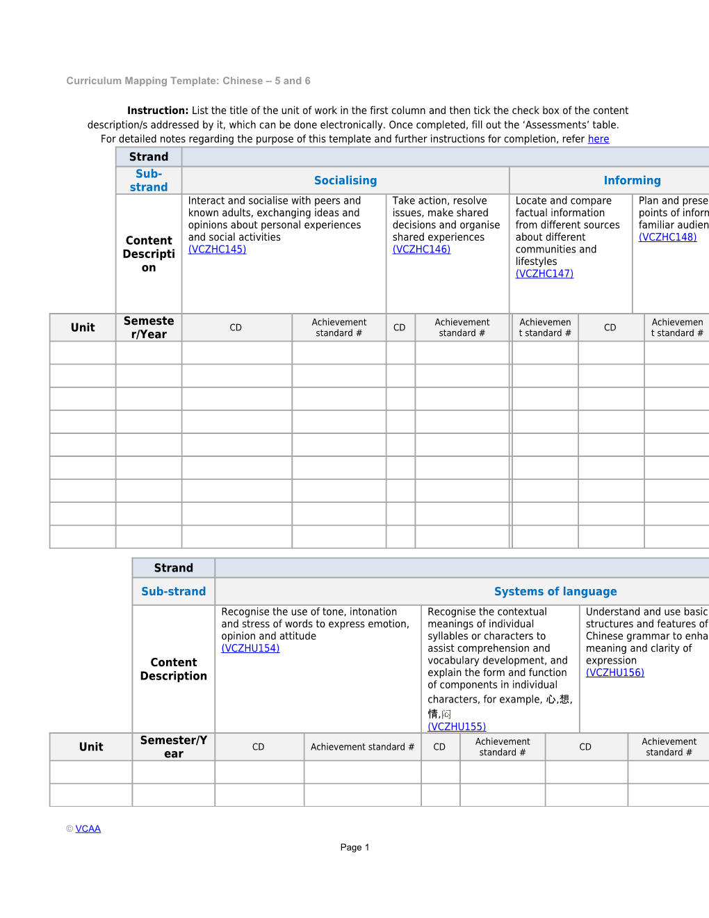 Curriculum Mapping Template: Chinese 5 and 6