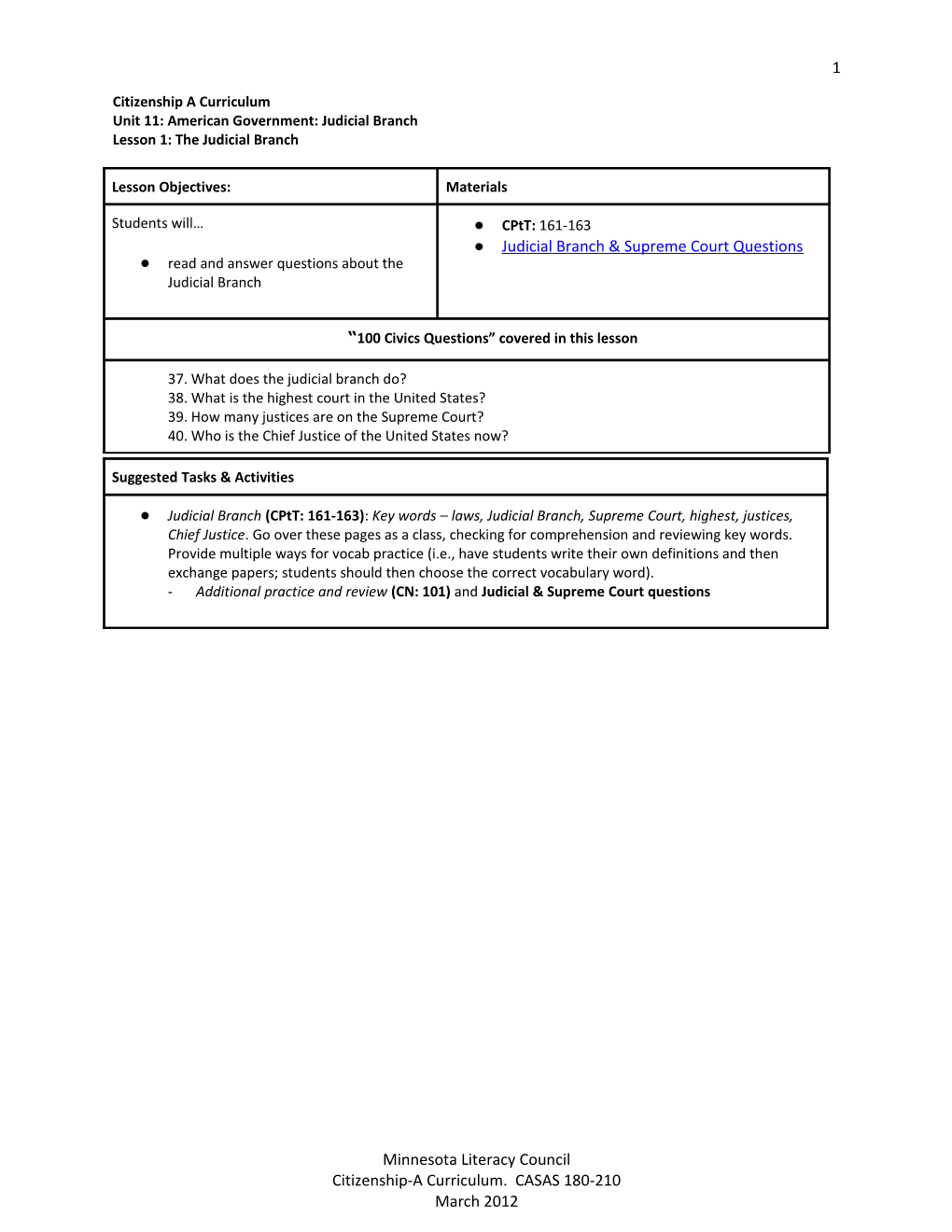 Unit 11: American Government: Judicial Branch