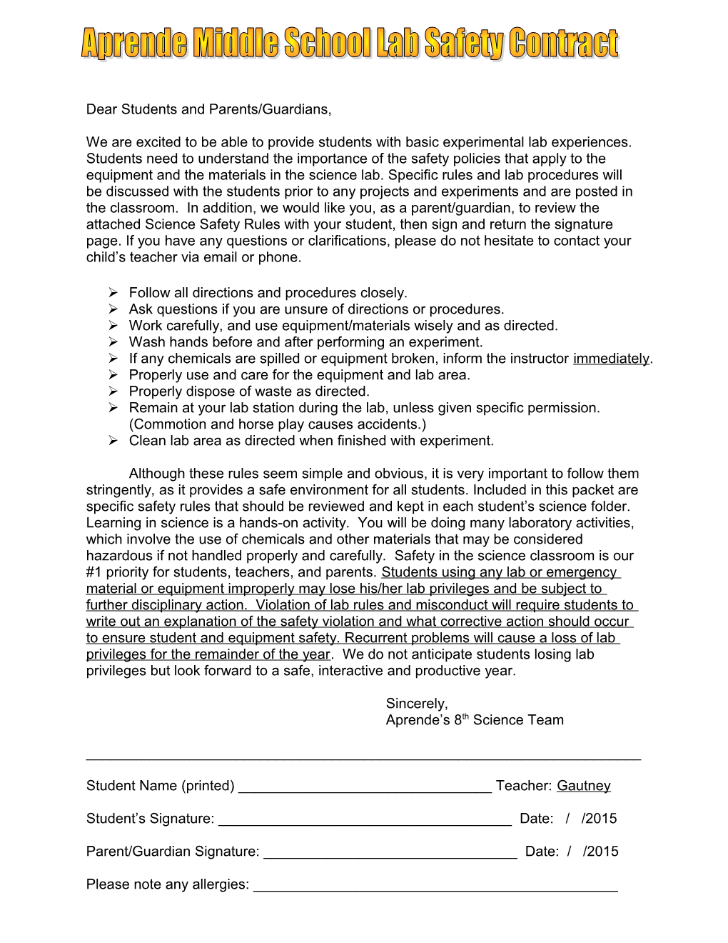 Kyrene Aprende Middle School Lab Safety Contract