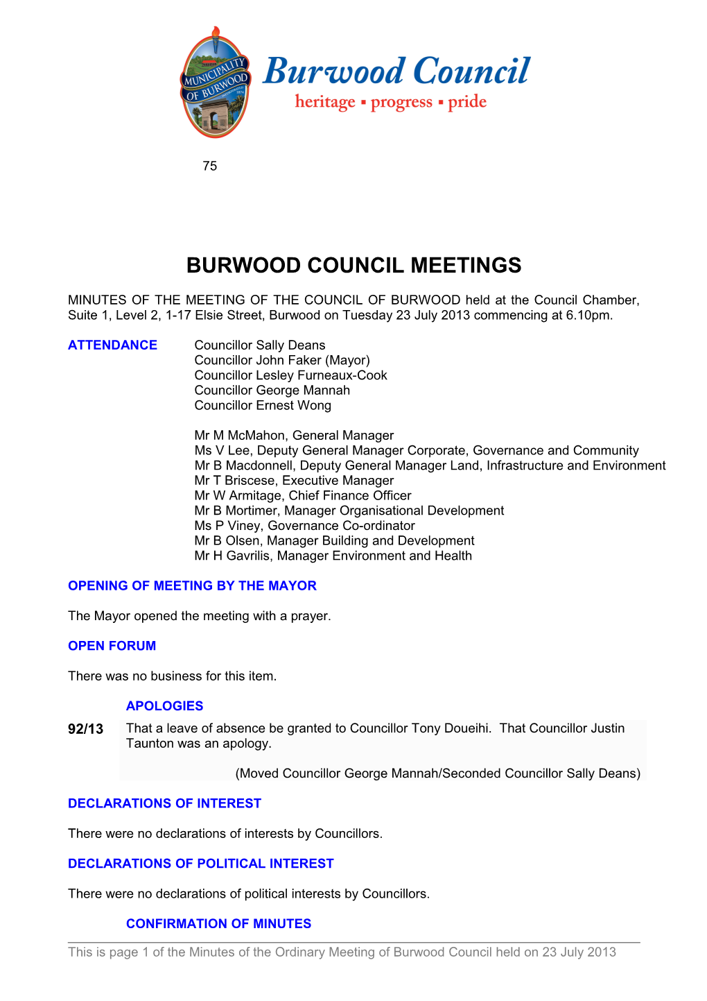 Pro-Forma Minutes of Burwood Council Meetings - 23 July 2013