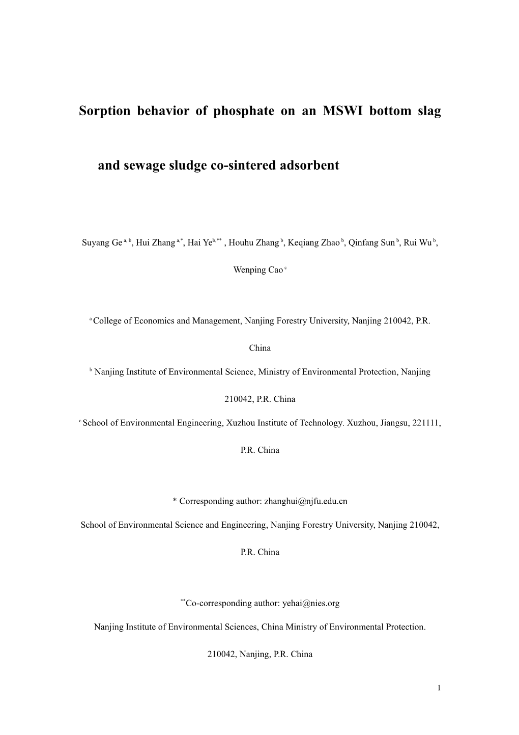 Sorption Behavior of Phosphate on an MSWI Bottom Slag and Sewage Sludge Co-Sintered Adsorbent