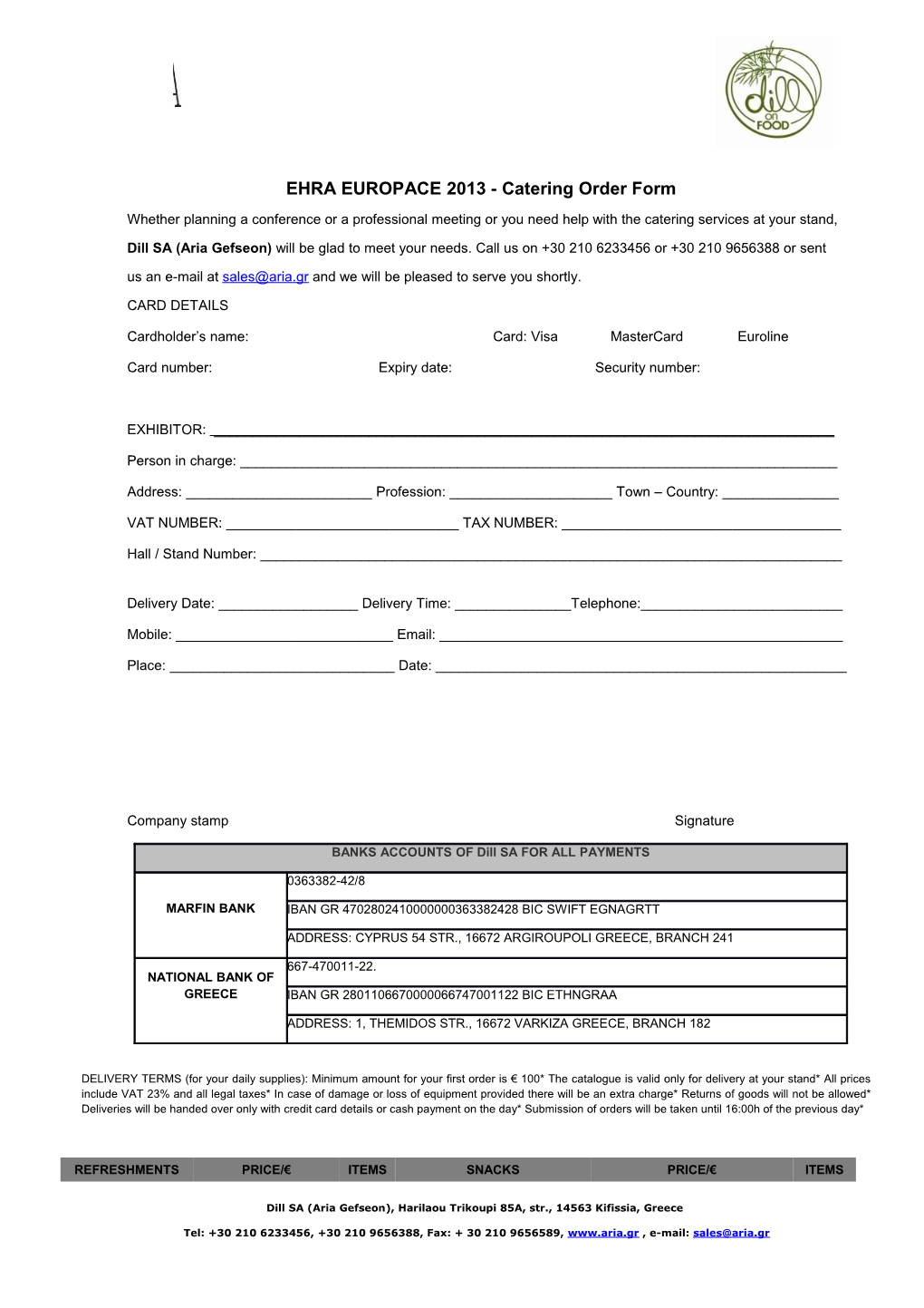 EHRA EUROPACE 2013 - Catering Order Form