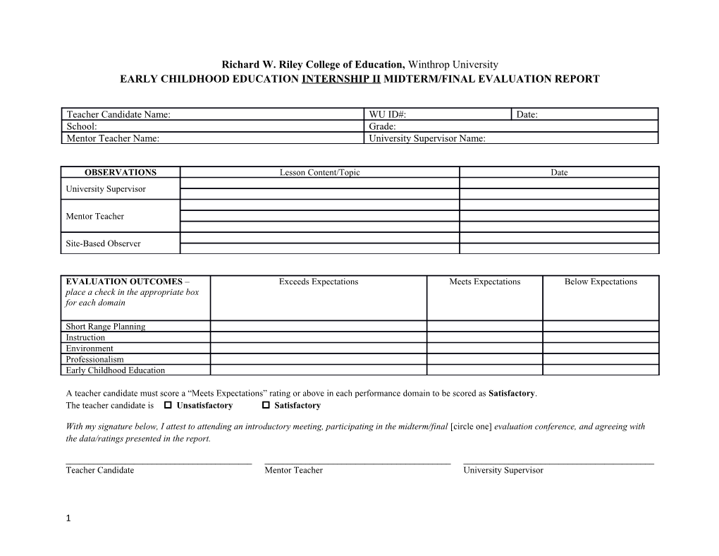 Early Childhood Education Internship Ii Midterm/Final Evaluation Report