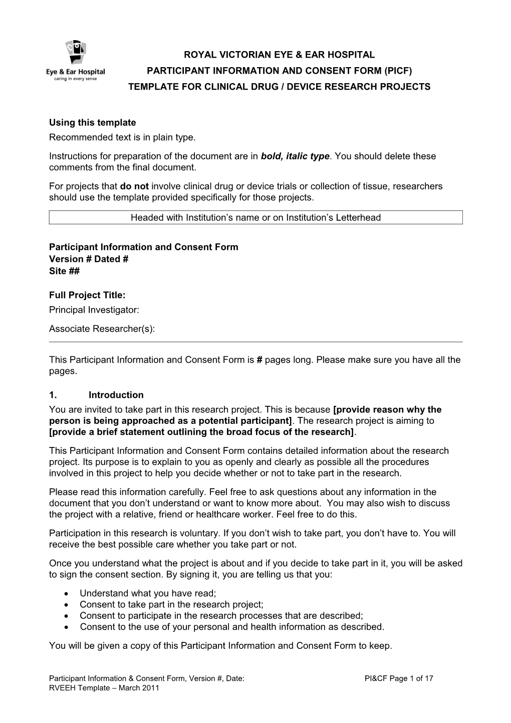 PARTICIPANT INFORMATION and Consent Form (PICF)