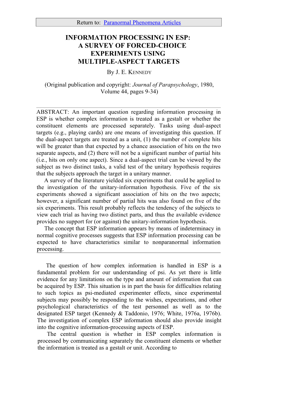 Information Processing in ESP: a Survey of Forced-Choice Experiments Using Multiple-Aspect