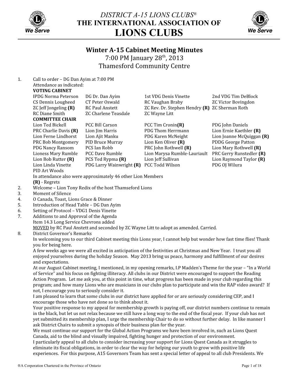 Winter A-15 Cabinet Meeting Minutes