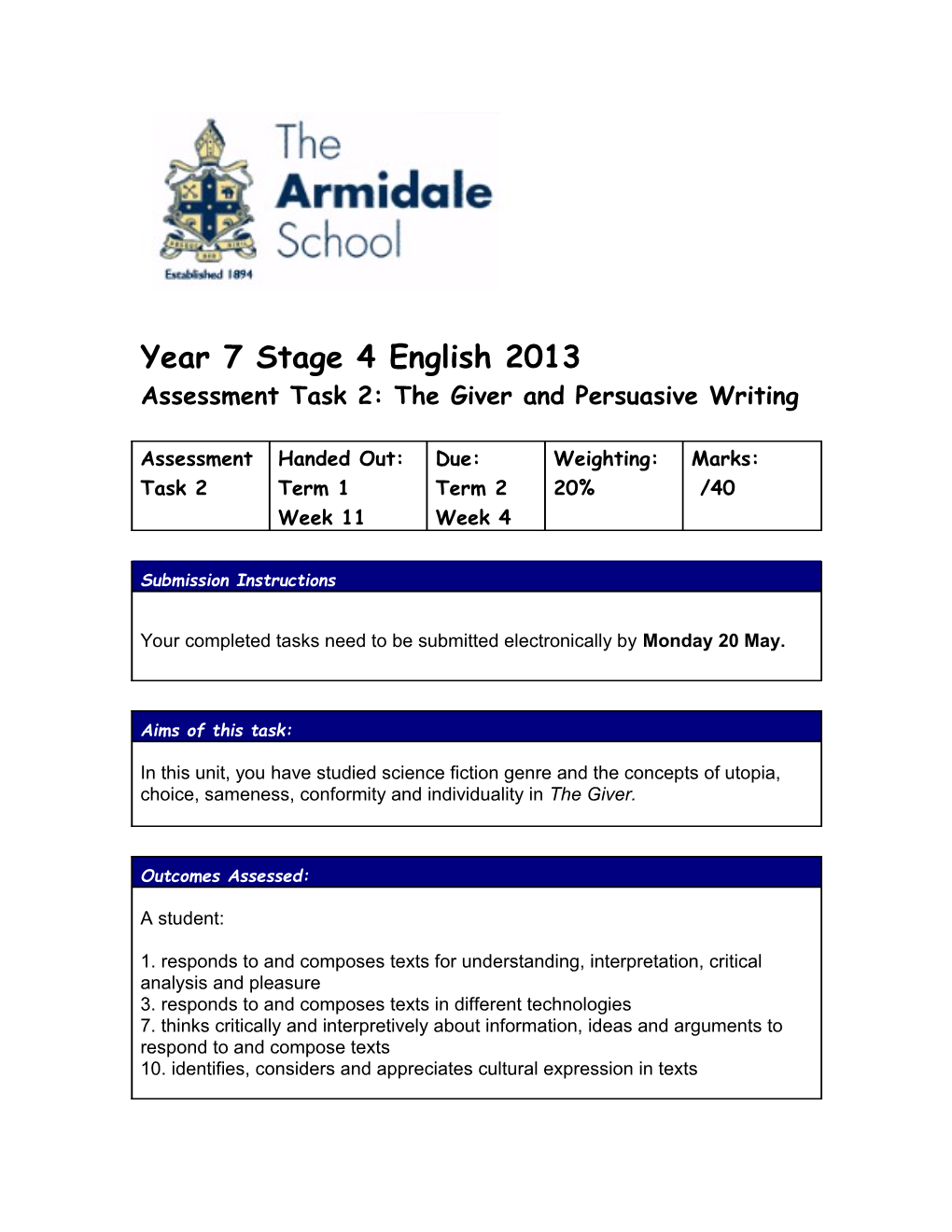 Assessment Task 2: the Giver and Persuasive Writing