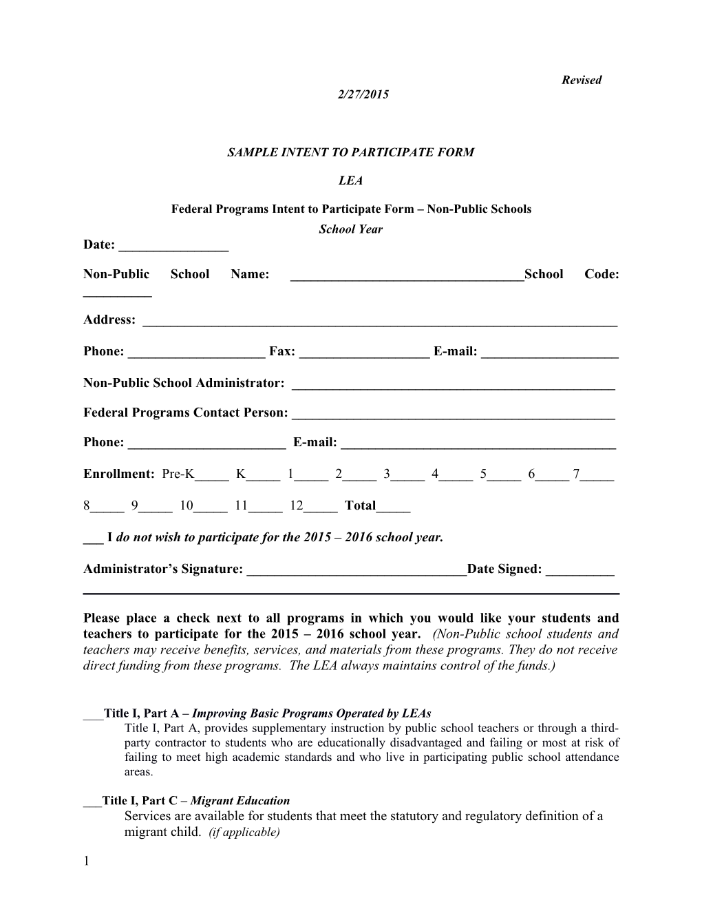 Appendix B: SAMPLE INTENT to PARTICIPATE FORM