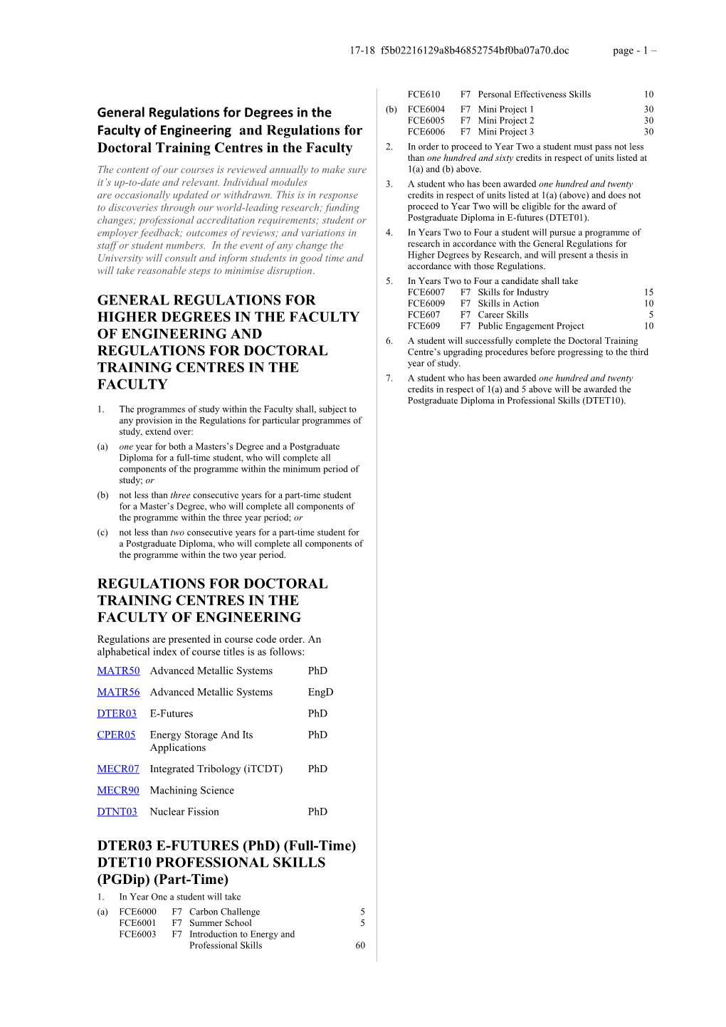 General Regulations for Degrees in the Faculty of Engineering